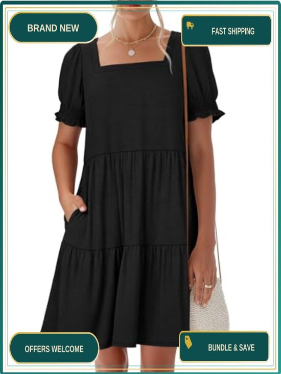Dresses & Skirts - Women's Puff Sleeve Mini Dress with Pockets Casual Summer Flowy A-Line